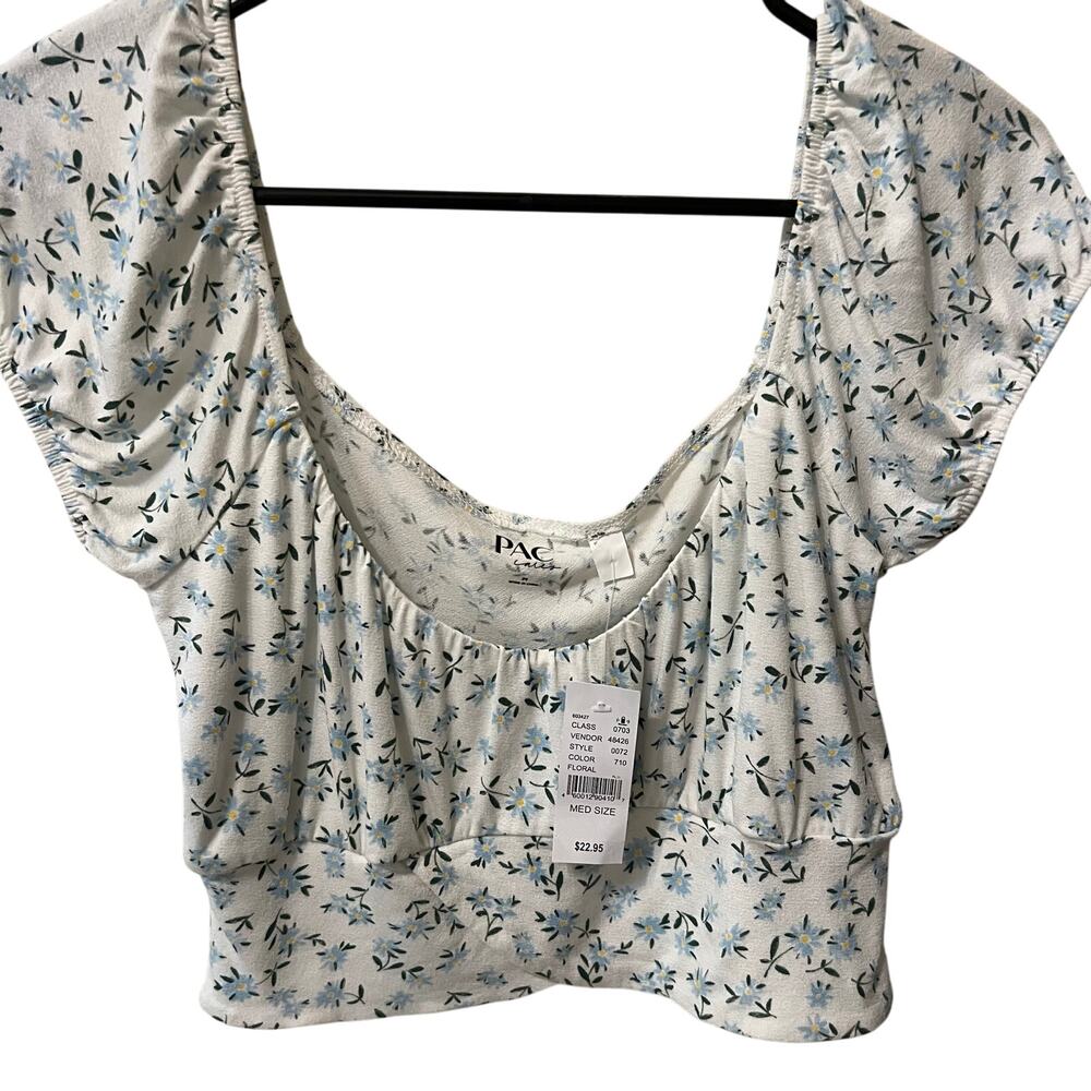 Floral Crop Top Baby Tee White & Blue Size Medium Pacsun Belly Shirt Festival